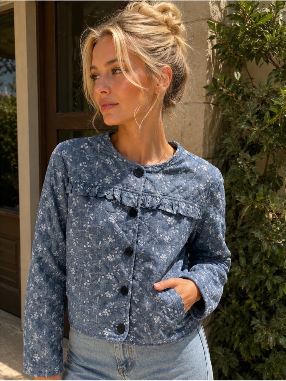 Women’s Blue Floral Quilted Jean Jacket with Ruffle Detail